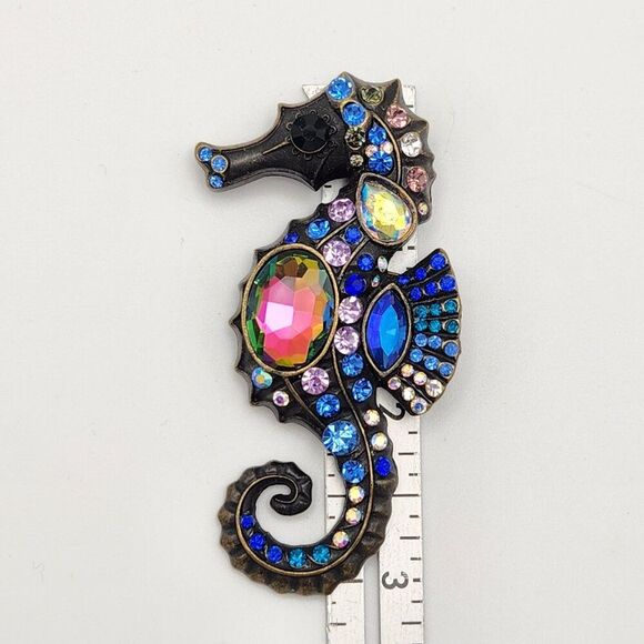 Rhinestone Seahorse Antique Gold Tone Brooch Pin Embellishment Jewelry Blue - Picture 4 of 4